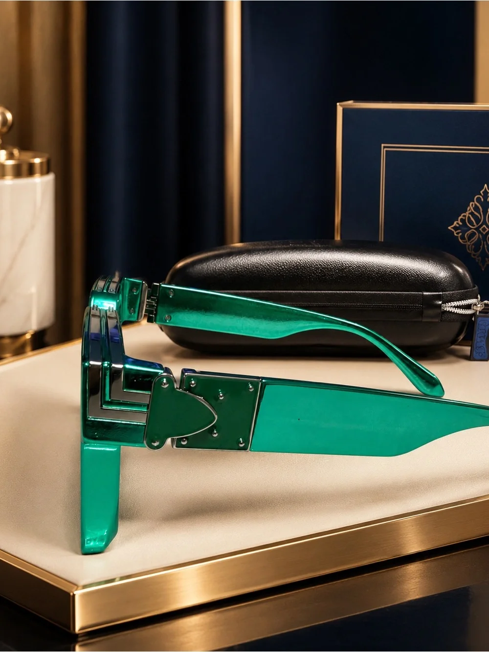 Unisex Emerald Green Square Sunglasses with Gold-Tone Detail
